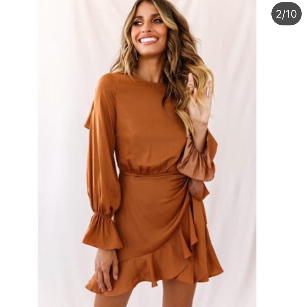 Selfie Leslie Long Sleeve Satin Dress Tan